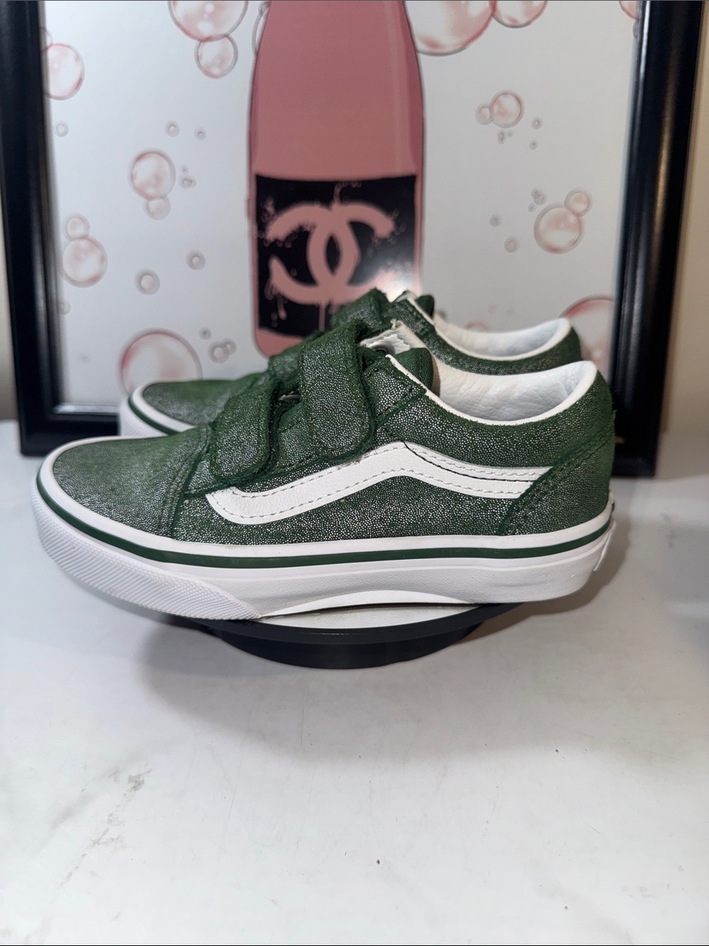 Vans Kids Old Skool V Trainers Tinsel Suede Green True White Sneakers - Size 12